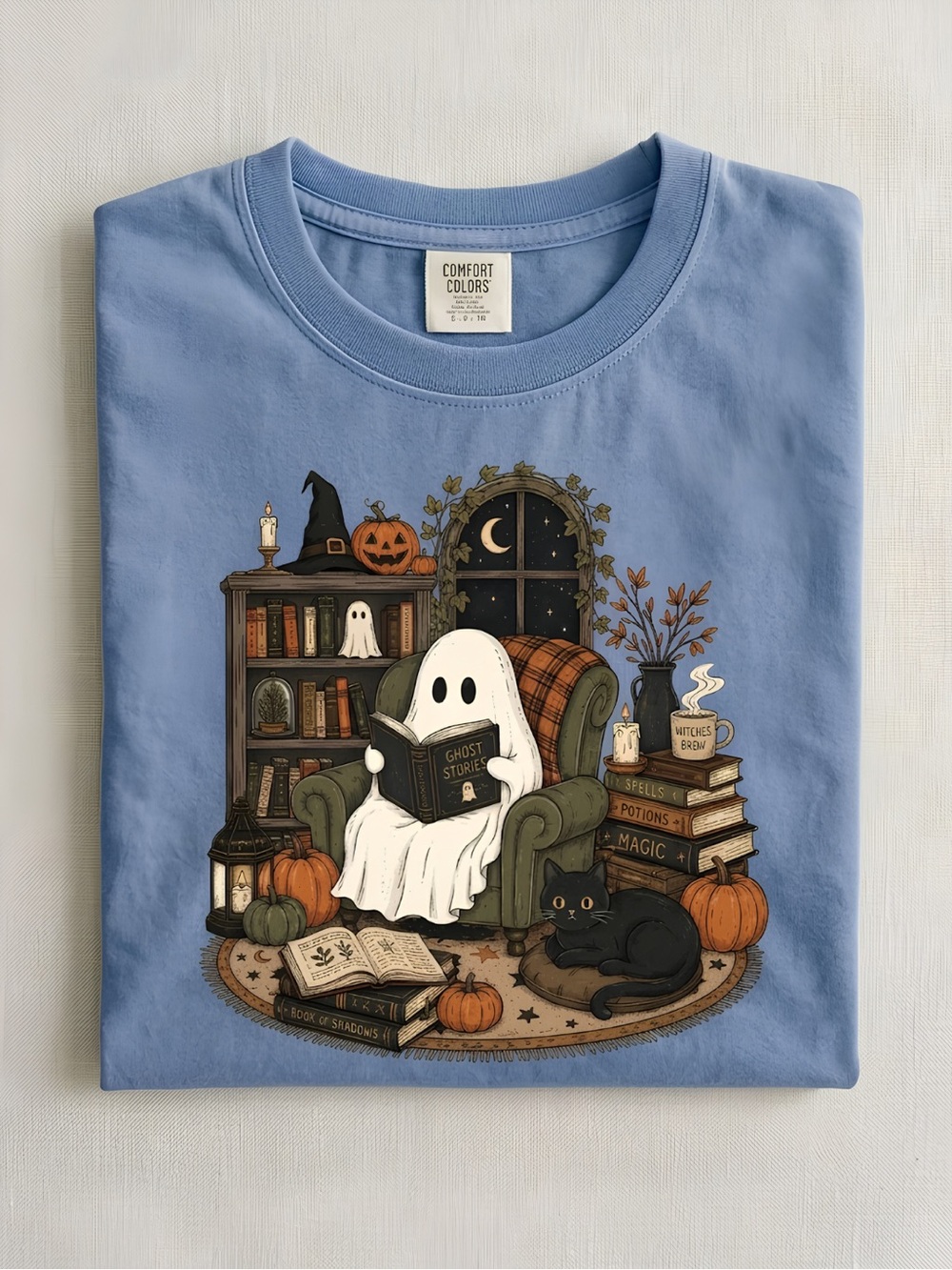 Comfort Colors Blue Jean Halloween Ghost Reading T-Shirt